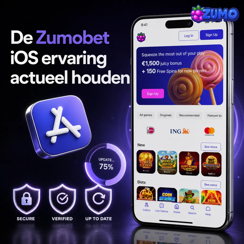 iOS-updatepagina voor Zumobet met knop Updaten en stappen voor veilige Safari-webappinstallatie