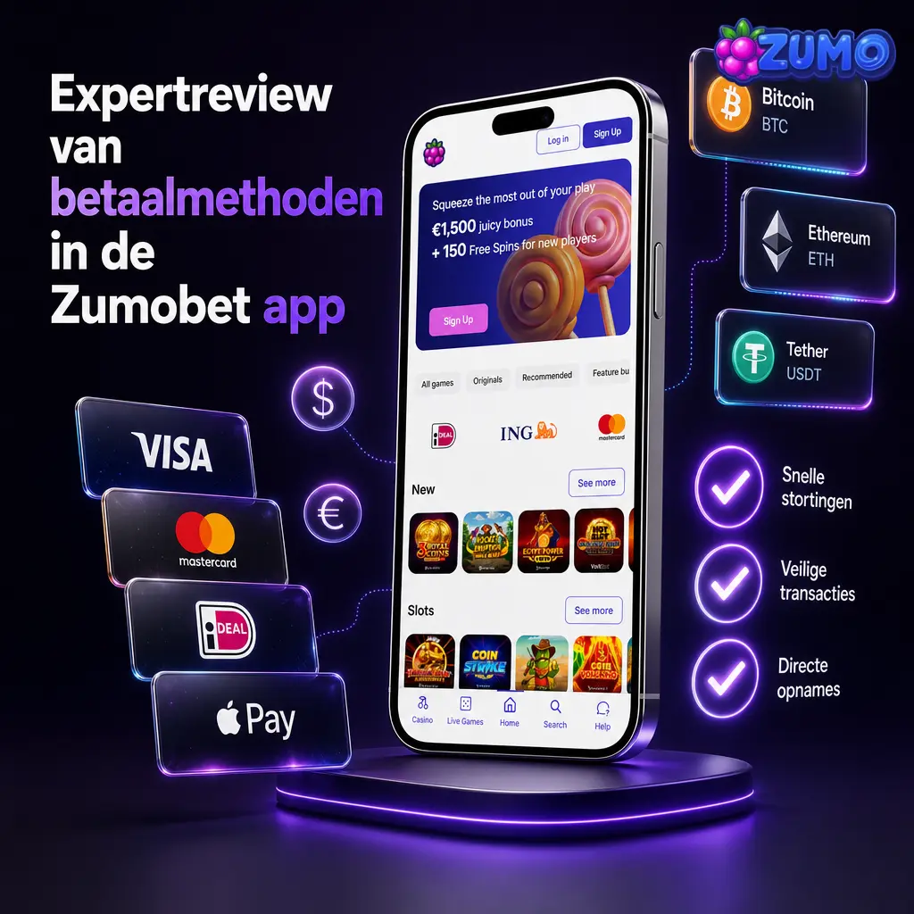 Overzicht van betaalmethoden in de Zumobet app, met iDEAL, banken, wallets, crypto en snelle opnames