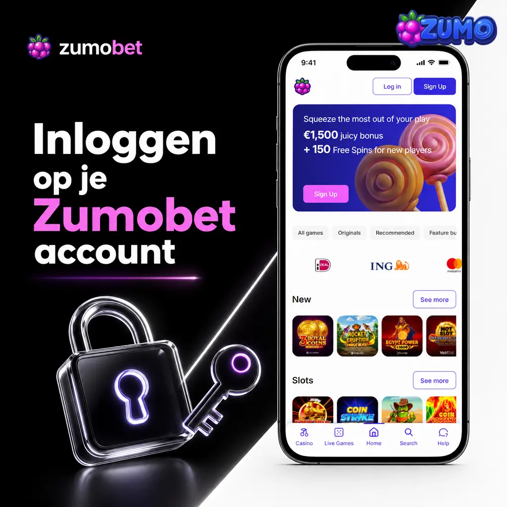 Zumobet inlogscherm voor toegang tot account, saldo, bonusstatus, verificatie en cashier