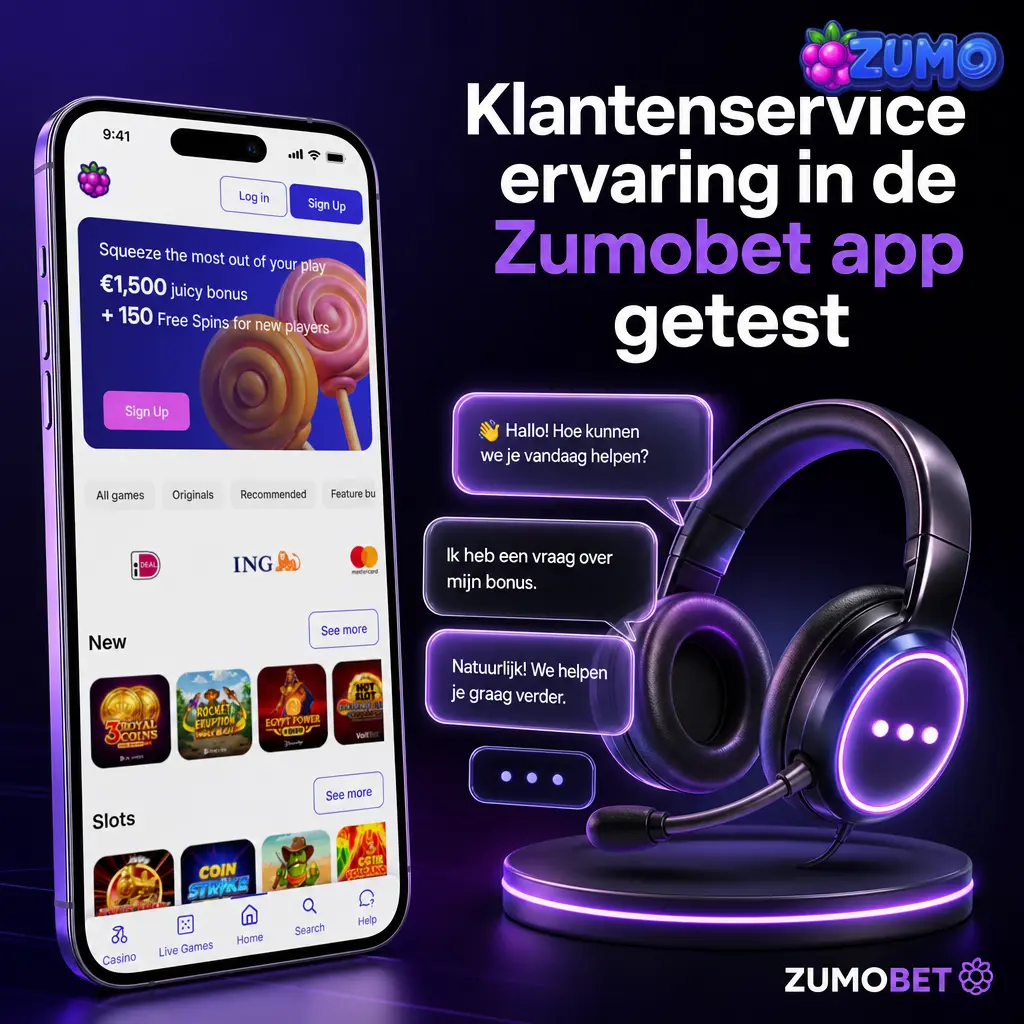 Zumobet-app met klantenservice-opties zoals livechat, helpcentrum en verificatie voor casino en sportsbook