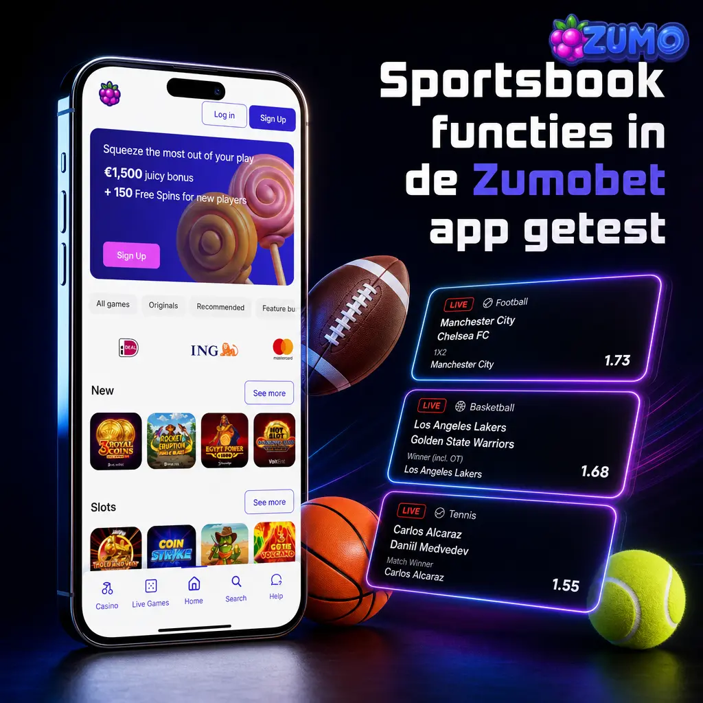 Sportsbook in de Zumobet app met live weddenschappen, odds en compacte betslip voor voetbal, tennis en darts