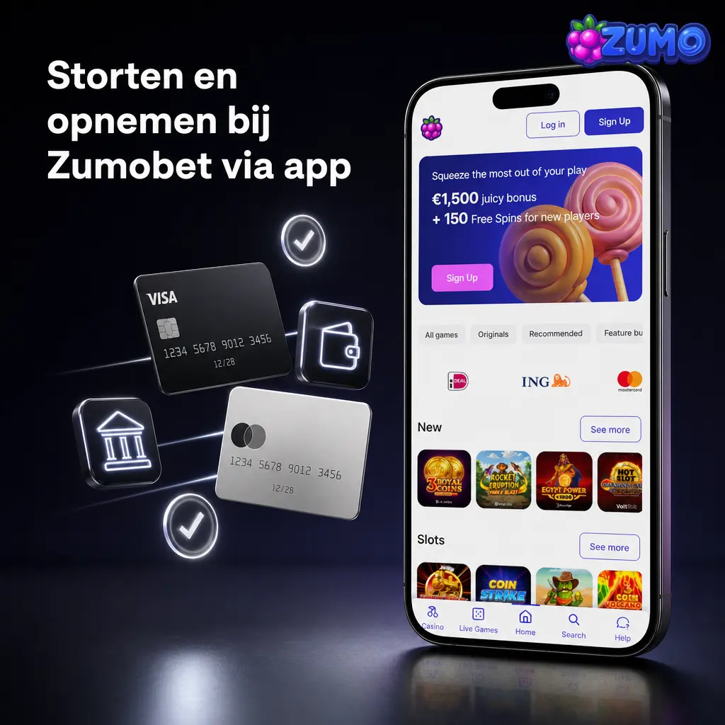 Mobiel storten en opnemen in de Zumobet app met iDEAL, bankkaart, wallet of crypto
